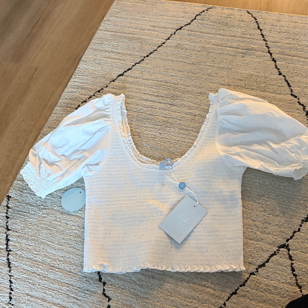 Hill House White Puff Sleeve Smocked Crop Top